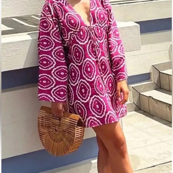 New! Zara pink geometric beaded deep neck cotton/linen mini dress. - Picture 13 of 16